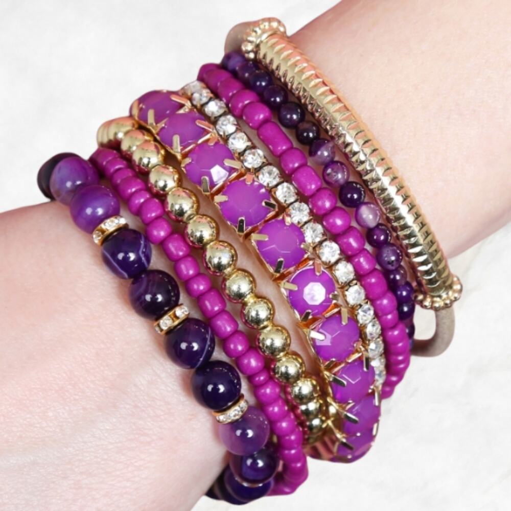 Purple and Goldtone Stacking Bracelets Sparkle Stretchy 8 Layered Pieces NEW